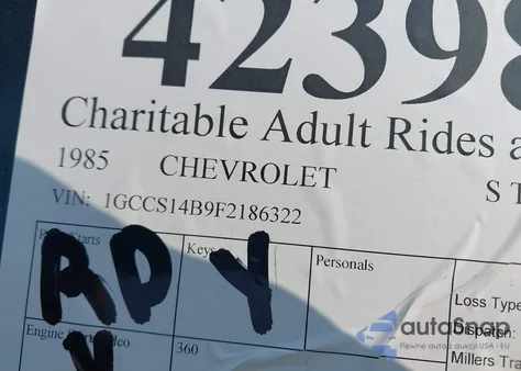 1985 Chevrolet S Truck S10 z USA, uszkodzony, nr VIN 1GCCS14B9F2186322